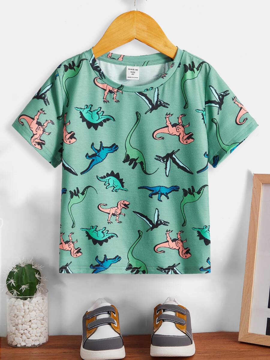 SHEIN 小男童恐龍印花T恤 - 薄荷綠 - 查看 1