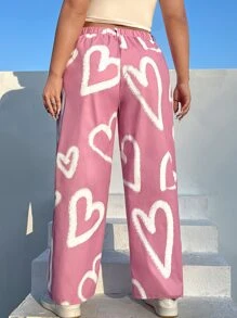 SHEIN EZwear Quần Plus Size Nút Túi Dây kéo Tim Tất cả trên in Giải trí - Bụi hồng - Xem 2