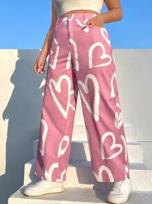 SHEIN EZwear Quần Plus Size Nút Túi Dây kéo Tim Tất cả trên in Giải trí - Bụi hồng - Xem 3