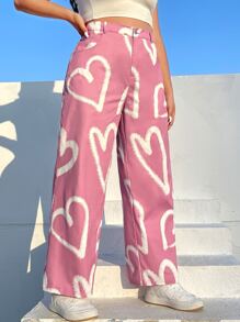 SHEIN EZwear Quần Plus Size Nút Túi Dây kéo Tim Tất cả trên in Giải trí - Bụi hồng - Xem 4