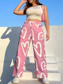 SHEIN EZwear Quần Plus Size Nút Túi Dây kéo Tim Tất cả trên in Giải trí - Bụi hồng - Xem 5