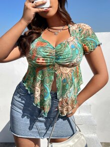 SHEIN EZwear Top con estampado de sol fruncido bajo con abertura de malla - Multicolor - Ver 1