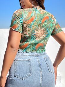 SHEIN EZwear Top con estampado de sol fruncido bajo con abertura de malla - Multicolor - Ver 2