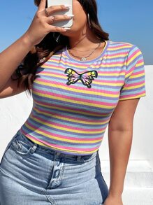 SHEIN EZwear Plus Striped & Butterfly Print Striped Print Tee - Multicolor - View 2