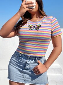 SHEIN EZwear Plus Striped & Butterfly Print Striped Print Tee - Multicolor - View 4
