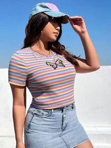 SHEIN EZwear Plus Striped & Butterfly Print Striped Print Tee - Multicolor - View 5