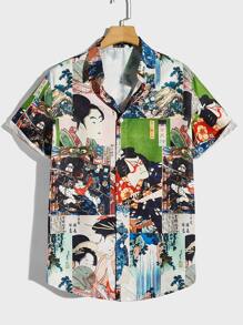 Manfinity RebelGame 男士人像圖案前紐扣襯衫 - 彩色 - 查看 1