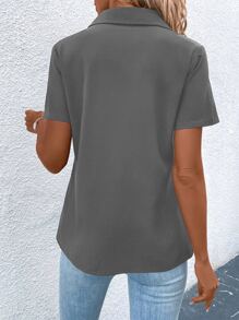 SHEIN LUNE 翻蓋細節拉鏈開襟襯衫 - 灰色 - 查看 2