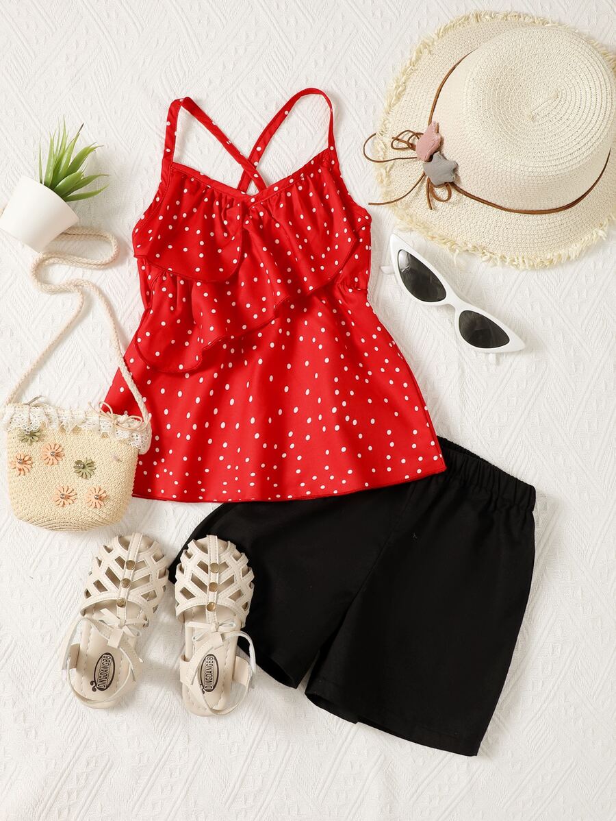 Toddler Girls Polka Dot Print Ruffle Trim Cami Top & Shorts - Multicolor - View 1