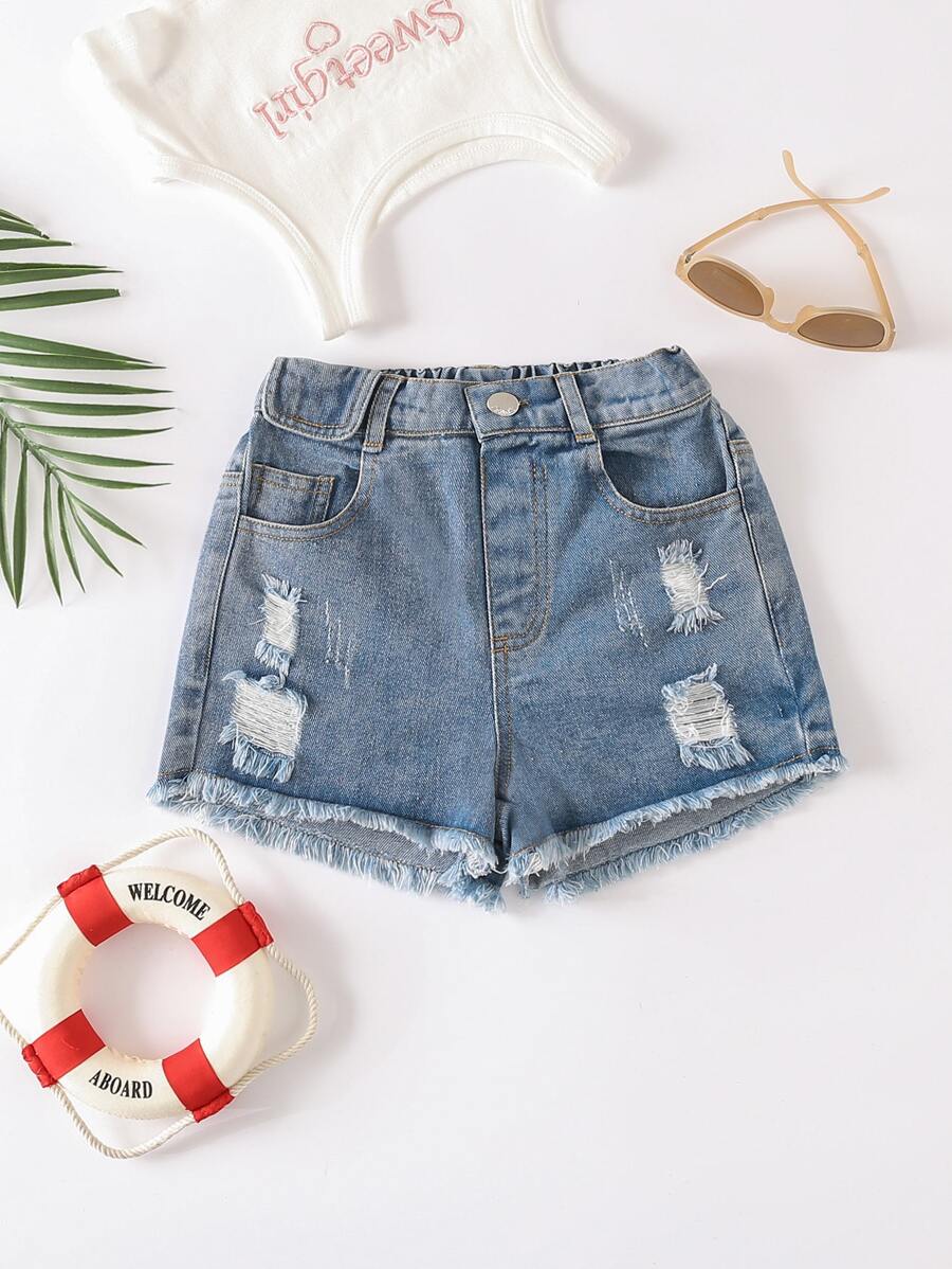 Toddler Girls Quần Shorts Denim Túi Hem thô Bị tách màu trơn - Rửa nhẹ - Xem 1