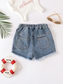 Toddler Girls Quần Shorts Denim Túi Hem thô Bị tách màu trơn - Rửa nhẹ - Xem 2