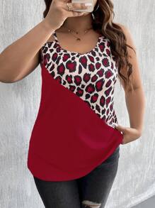 SHEIN LUNE Plus Leopard Print Colourblock Tank Top - Burgundy - View 3
