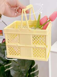 1pc Plastic Storage Basket, Minimalist Yellow Foldable Storage Basket For Home - Yellow - View 4