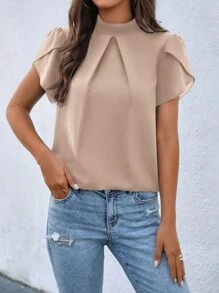 SHEIN Clasi 小高領花瓣袖襯衫 - 杏色 - 查看 1