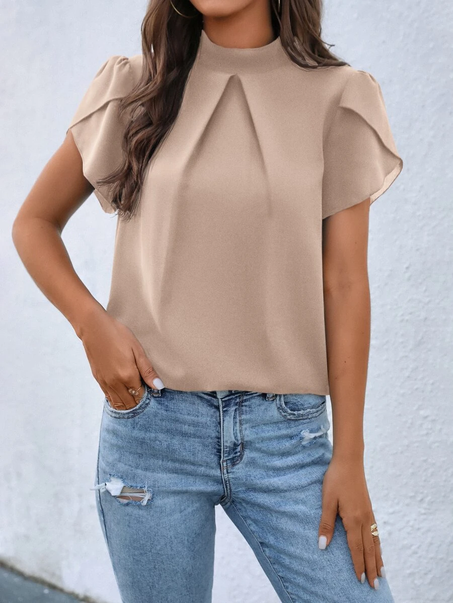 SHEIN Clasi 小高領花瓣袖襯衫 - 杏色 - 查看 1