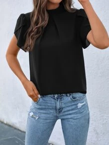 SHEIN Clasi 小高領花瓣袖襯衫 - 黑色 - 查看 3