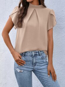 SHEIN Clasi 小高領花瓣袖襯衫 - 杏色 - 查看 3