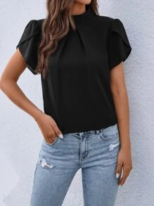 SHEIN Clasi 小高領花瓣袖襯衫 - 黑色 - 查看 4
