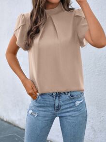 SHEIN Clasi 小高領花瓣袖襯衫 - 杏色 - 查看 4