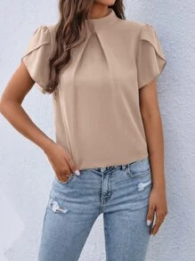 SHEIN Clasi 小高領花瓣袖襯衫 - 杏色 - 查看 5