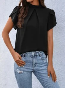 SHEIN Clasi 小高領花瓣袖襯衫 - 黑色 - 查看 5