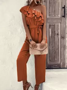 Chiquease Mono de un hombro ribete con fruncido con cinturón - Naranja Quemada - Ver 4