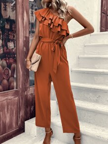 Chiquease Mono de un hombro ribete con fruncido con cinturón - Naranja Quemada - Ver 6