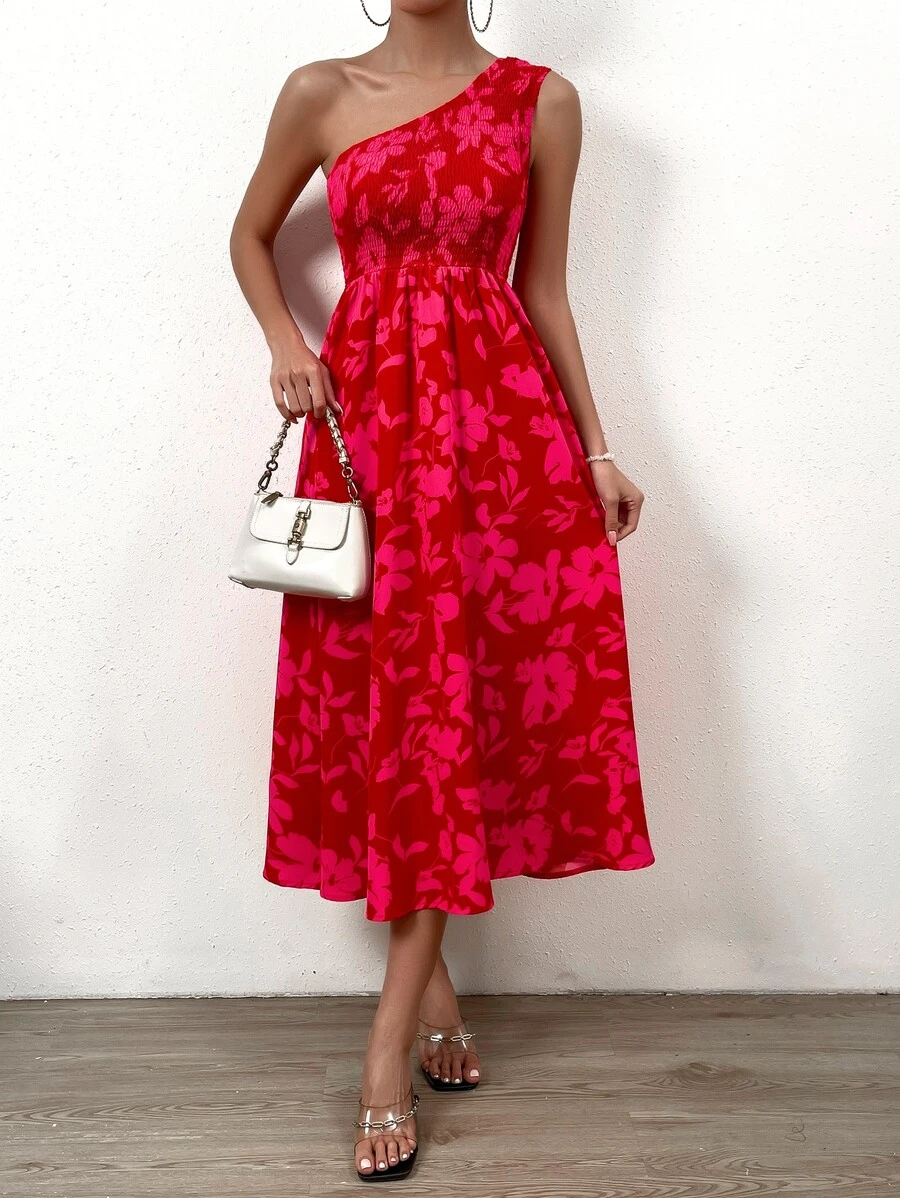 Chiquease Allover Floral Print Shirred Detail One Shoulder Dress - Red - View 1