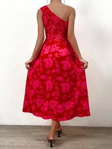 Chiquease Allover Floral Print Shirred Detail One Shoulder Dress - Red - View 2