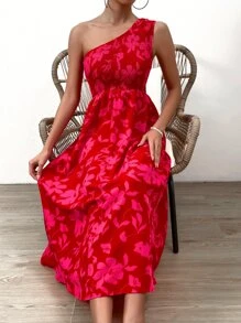 Chiquease Allover Floral Print Shirred Detail One Shoulder Dress - Red - View 3