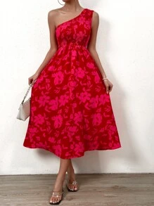 Chiquease Allover Floral Print Shirred Detail One Shoulder Dress - Red - View 6