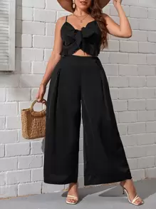 SHEIN VCAY Top de tirantes bajo con fruncido & Pantalones de pierna ancha - Negro - Ver 1
