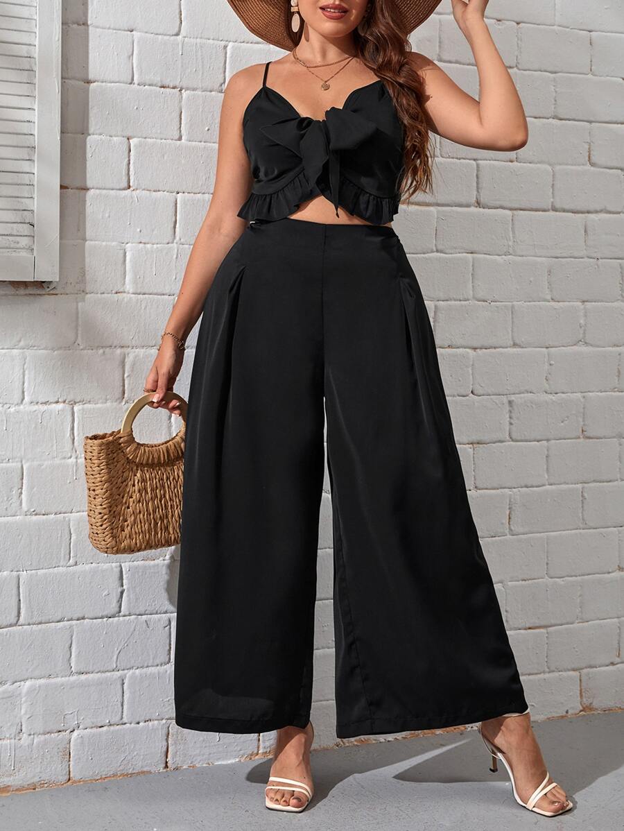 SHEIN VCAY Top de tirantes bajo con fruncido & Pantalones de pierna ancha - Negro - Ver 1