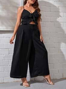 SHEIN VCAY Top de tirantes bajo con fruncido & Pantalones de pierna ancha - Negro - Ver 3