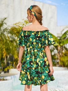 SHEIN 青少年女孩熱帶圖案一字肩荷葉邊連衣裙帶電話線髮圈 - 彩色 - 查看 3