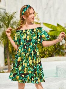 SHEIN 青少年女孩熱帶圖案一字肩荷葉邊連衣裙帶電話線髮圈 - 彩色 - 查看 4