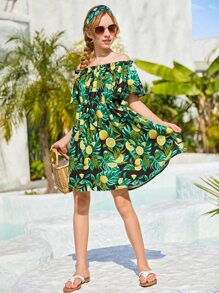 SHEIN 青少年女孩熱帶圖案一字肩荷葉邊連衣裙帶電話線髮圈 - 彩色 - 查看 5