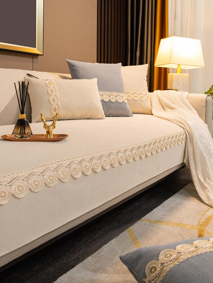 1 Khăn Sofa Màu Trắng, Tối Giản Polyester Guipure Viền Ren Khăn Cho Tất Cả Các Mùa - Màu be - Xem 1