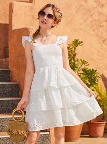SHEIN 青少年女孩荷葉邊多層下擺網眼刺繡連衣裙 - 白色 - 查看 4