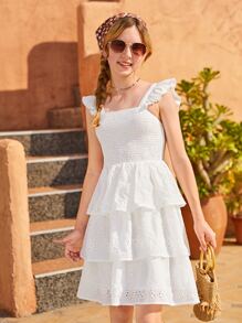 SHEIN 青少年女孩荷葉邊多層下擺網眼刺繡連衣裙 - 白色 - 查看 3