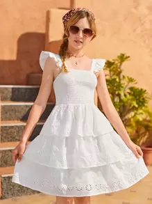 SHEIN 青少年女孩荷葉邊多層下擺網眼刺繡連衣裙 - 白色 - 查看 1