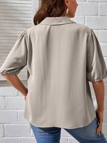 SHEIN Essnce Plus Lapel Neck Puff Sleeve Shirt - Khaki - View 2
