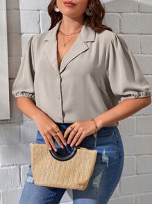 SHEIN Essnce Plus Lapel Neck Puff Sleeve Shirt - Khaki - View 3