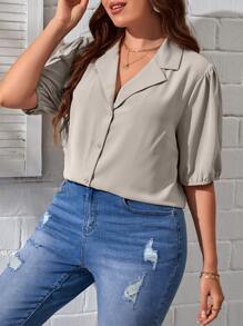 SHEIN Essnce Plus Lapel Neck Puff Sleeve Shirt - Khaki - View 4