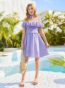 SHEIN Đầm Gái Xù phân lớp Dải chun màu trơn Boho - Màu Lilac Tím - Xem 4