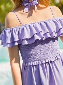 SHEIN Đầm Gái Xù phân lớp Dải chun màu trơn Boho - Màu Lilac Tím - Xem 7