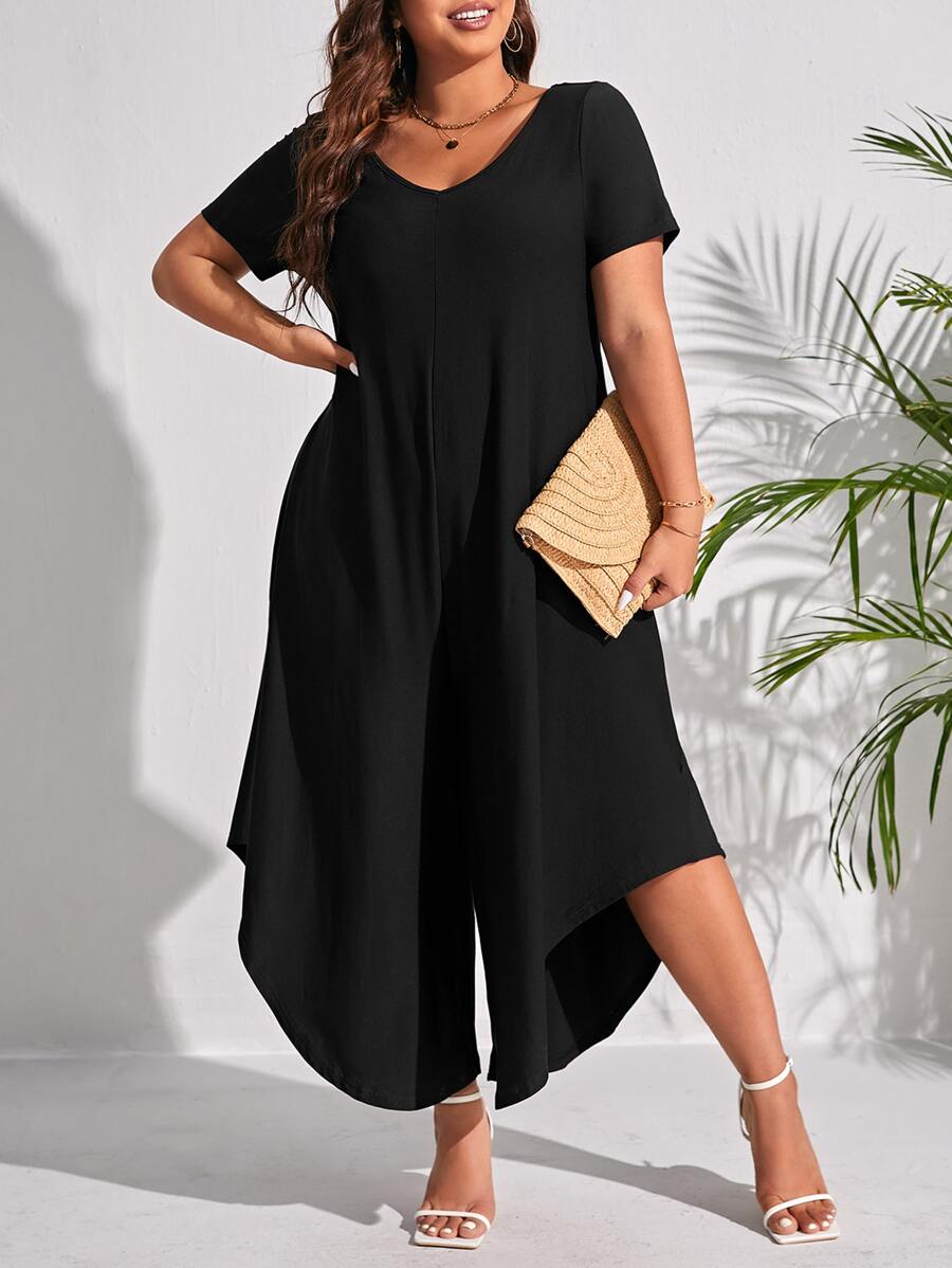 SHEIN LUNE 大碼素色V領闊腿連體褲 - 黑色 - 查看 1