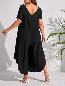 SHEIN LUNE 大碼素色V領闊腿連體褲 - 黑色 - 查看 2