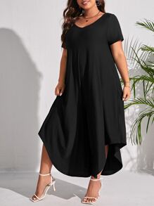 SHEIN LUNE 大碼素色V領闊腿連體褲 - 黑色 - 查看 4