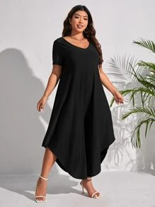 SHEIN LUNE 大碼素色V領闊腿連體褲 - 黑色 - 查看 5